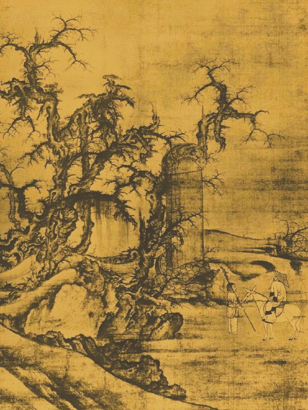 《黑神話：悟空》中的室外場景，隨處可見中國古代山水畫的影子。左圖為游戲畫面，右圖為北宋李成《讀碑窠石圖》。